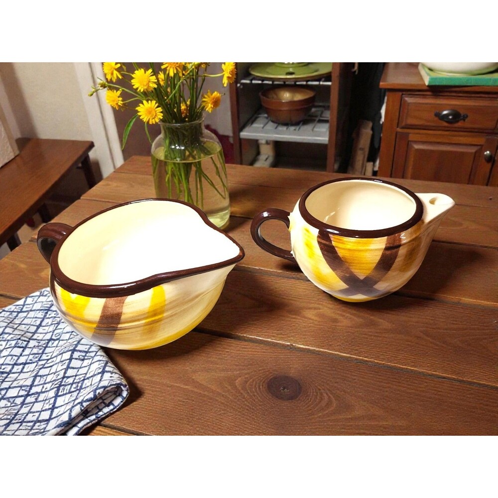 Vintage Vernonware Organdie Gravy Boat & Pitcher Set Yellow Plaid Gingham MCM